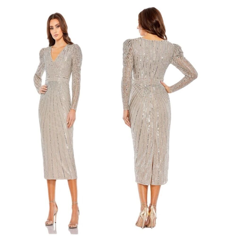 NWT Mac Duggal Beaded Column Dress for Cocktails.  In silver/ taupe  Size 2 Styl
